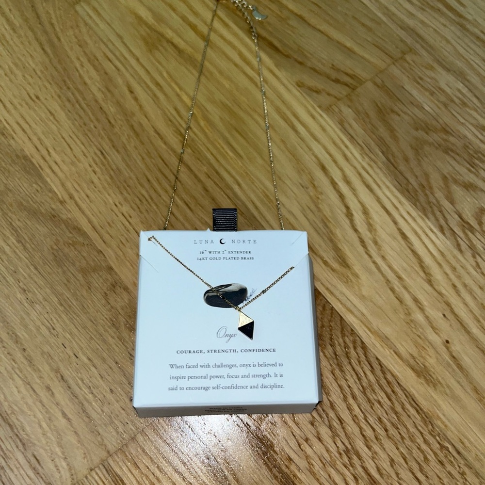 Luna Norte onyx charm necklace – 14kt gold plated, 16” + 2” extender!